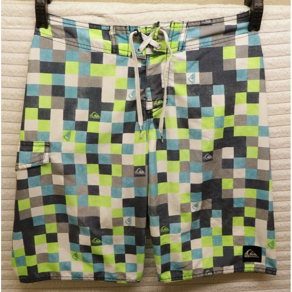 Quiksilver Mens Board Shorts Size 27 Plaid Pixel Grid Swim Trunks Green Blue